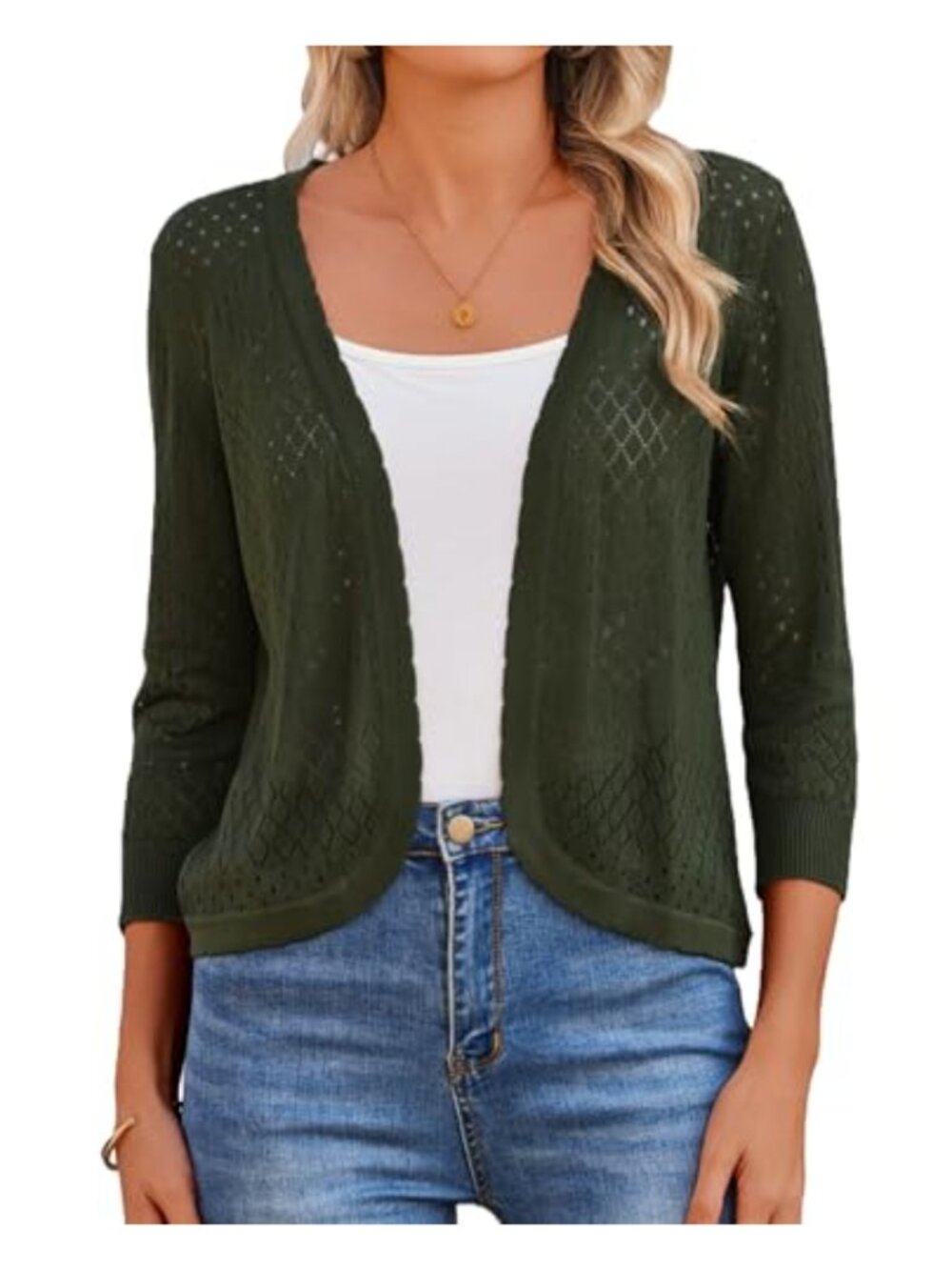 Women's Cropped Cardigan 3/4 Sleeve Bolero Shrug Lightweight Viscose Pointelle